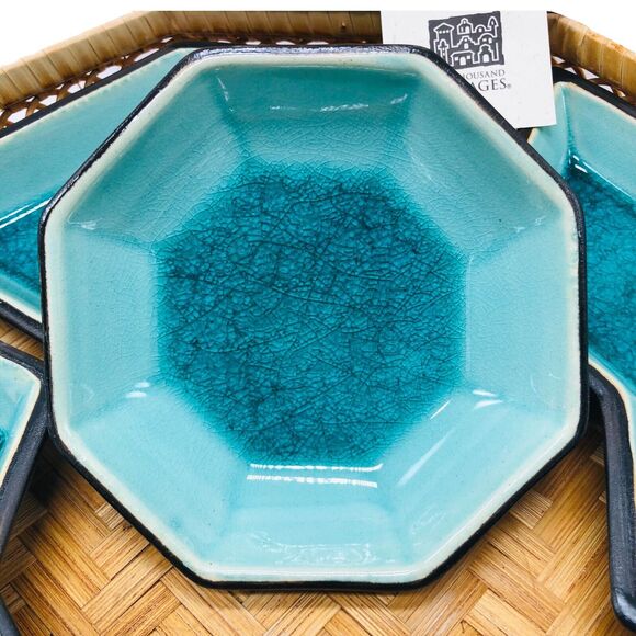 Boho Artisan Handmade Pottery Serving Tray Rattan Covered Snack Appetizer Dish - Picture 3 of 10